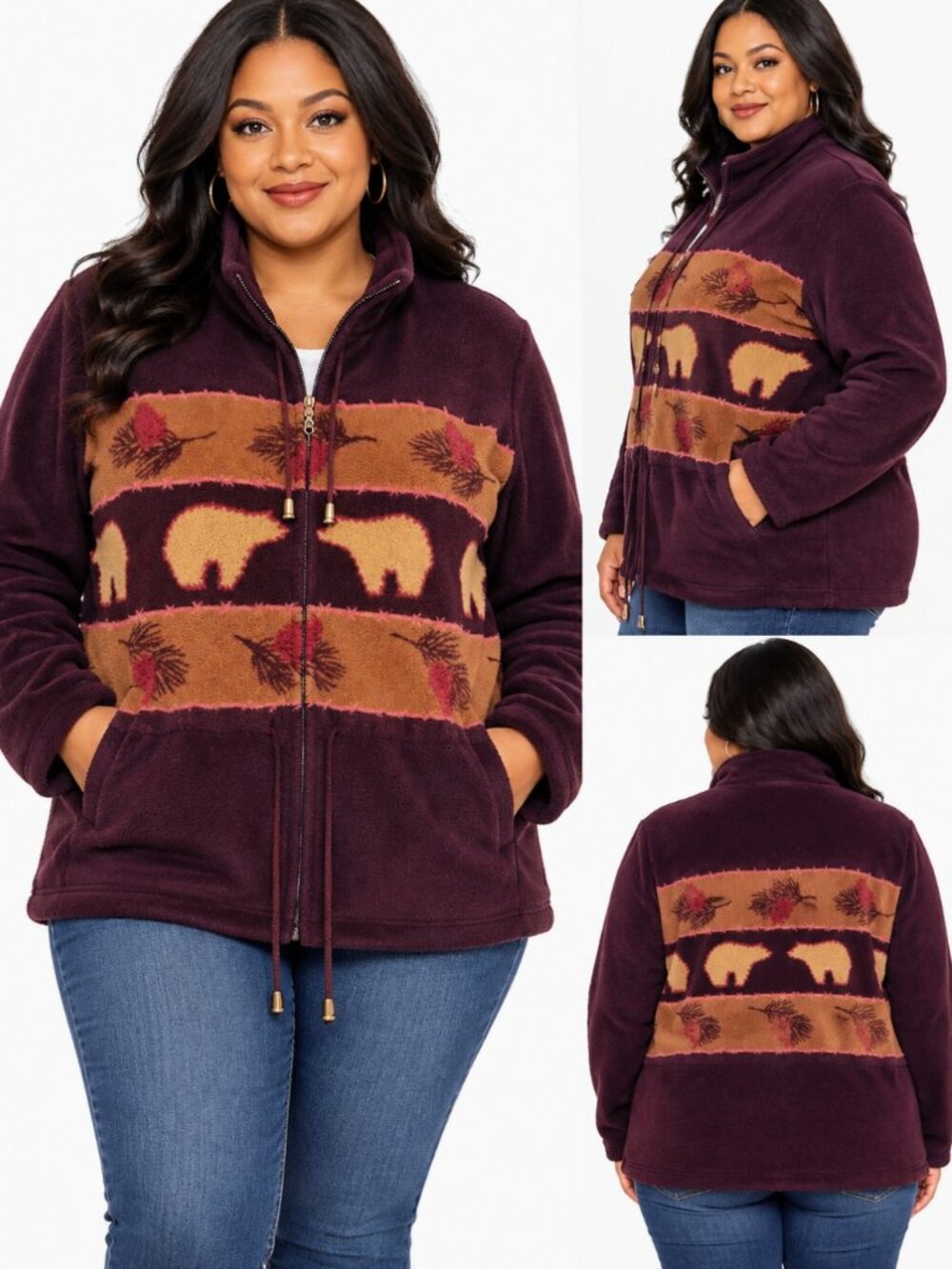 VTG Monterey By Koret Women's Fleece Jacket Size M/L Burgundy/Plum Bear Print